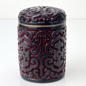 Antique Chinese Hand Carved Cinnabar Canister Jar Box Black and Red Blue Inside